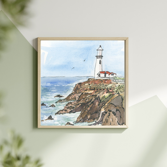Lighthouse Over A Bubbly Sea - 8x8 in. Nautical Lighthouse Wall Art Ocean Print