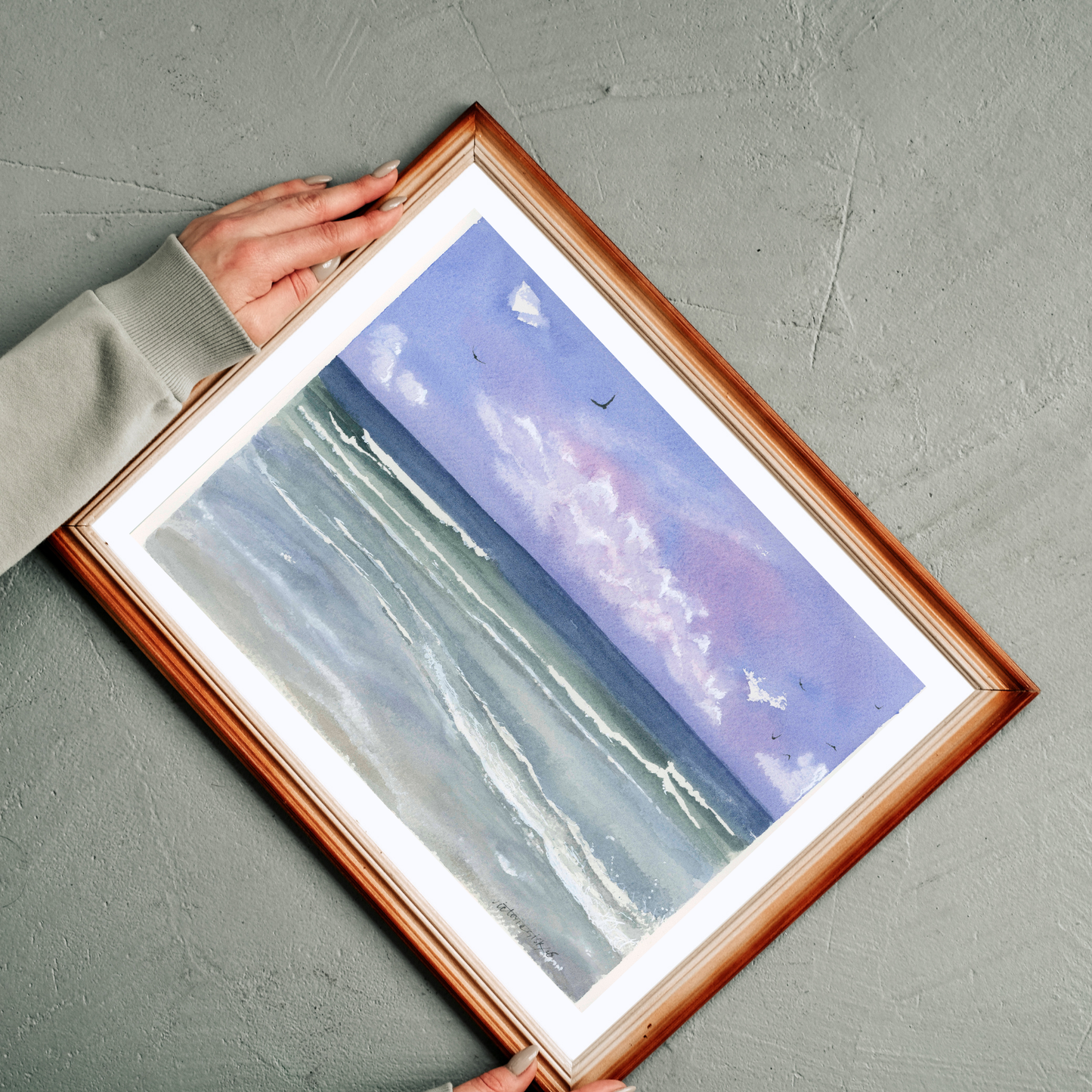 Purple Skies - Beach Watercolor Print with Ocean Waves