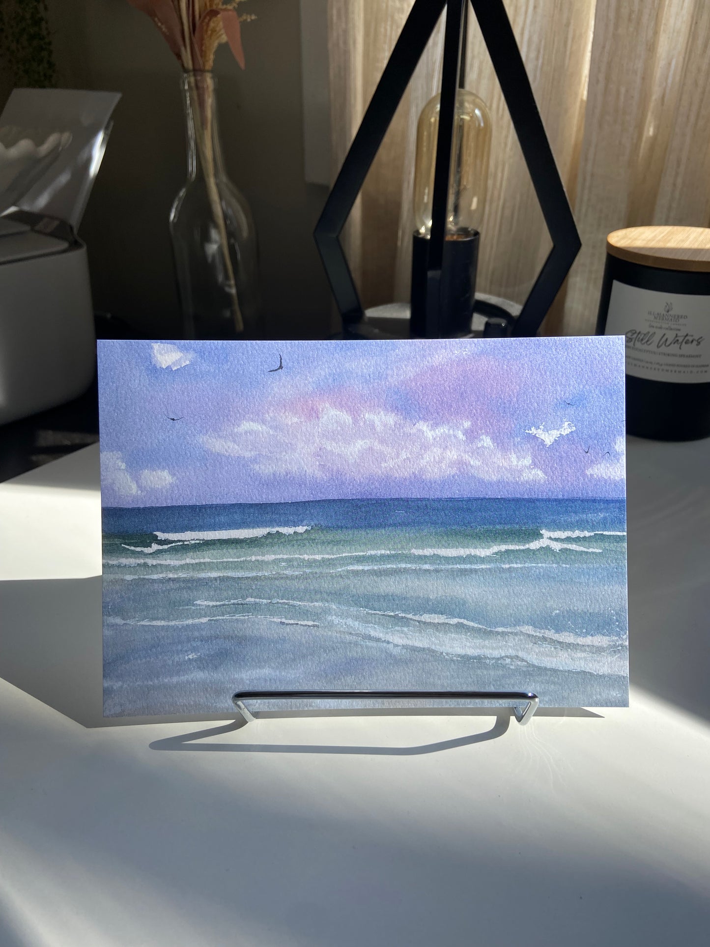 Purple Skies - Beach Watercolor Print with Ocean Waves