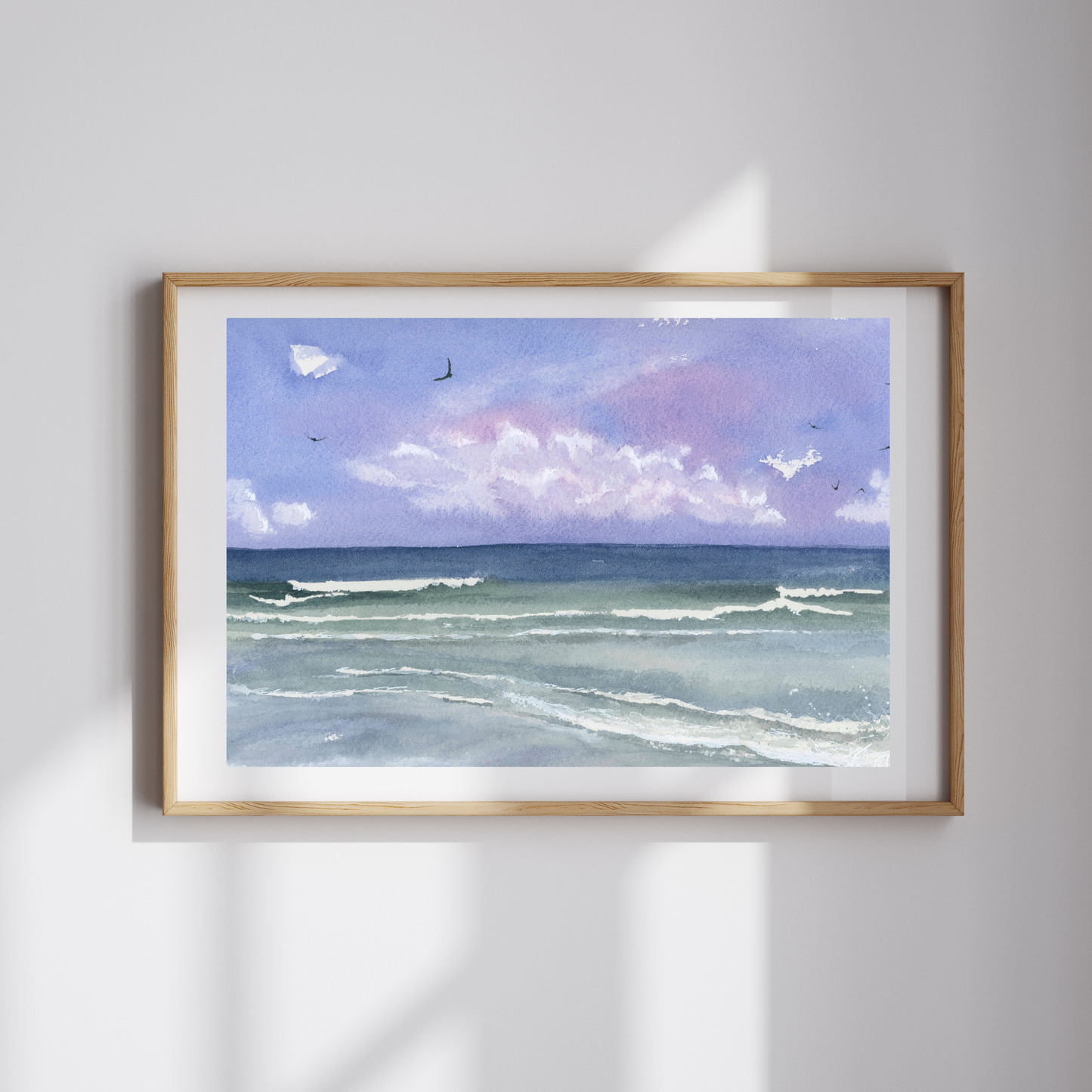 Purple Skies - Beach Watercolor Print with Ocean Waves