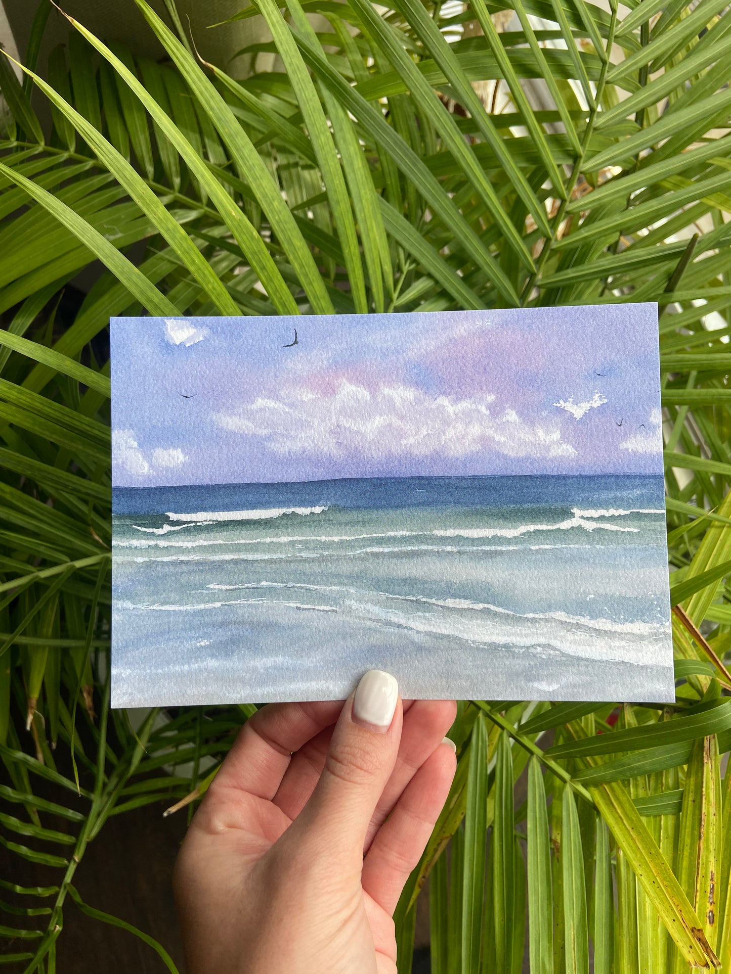 Purple Skies - Beach Watercolor Print with Ocean Waves