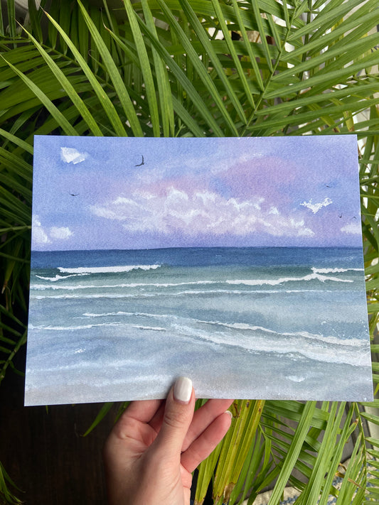 Purple Skies - Beach Watercolor Print with Ocean Waves
