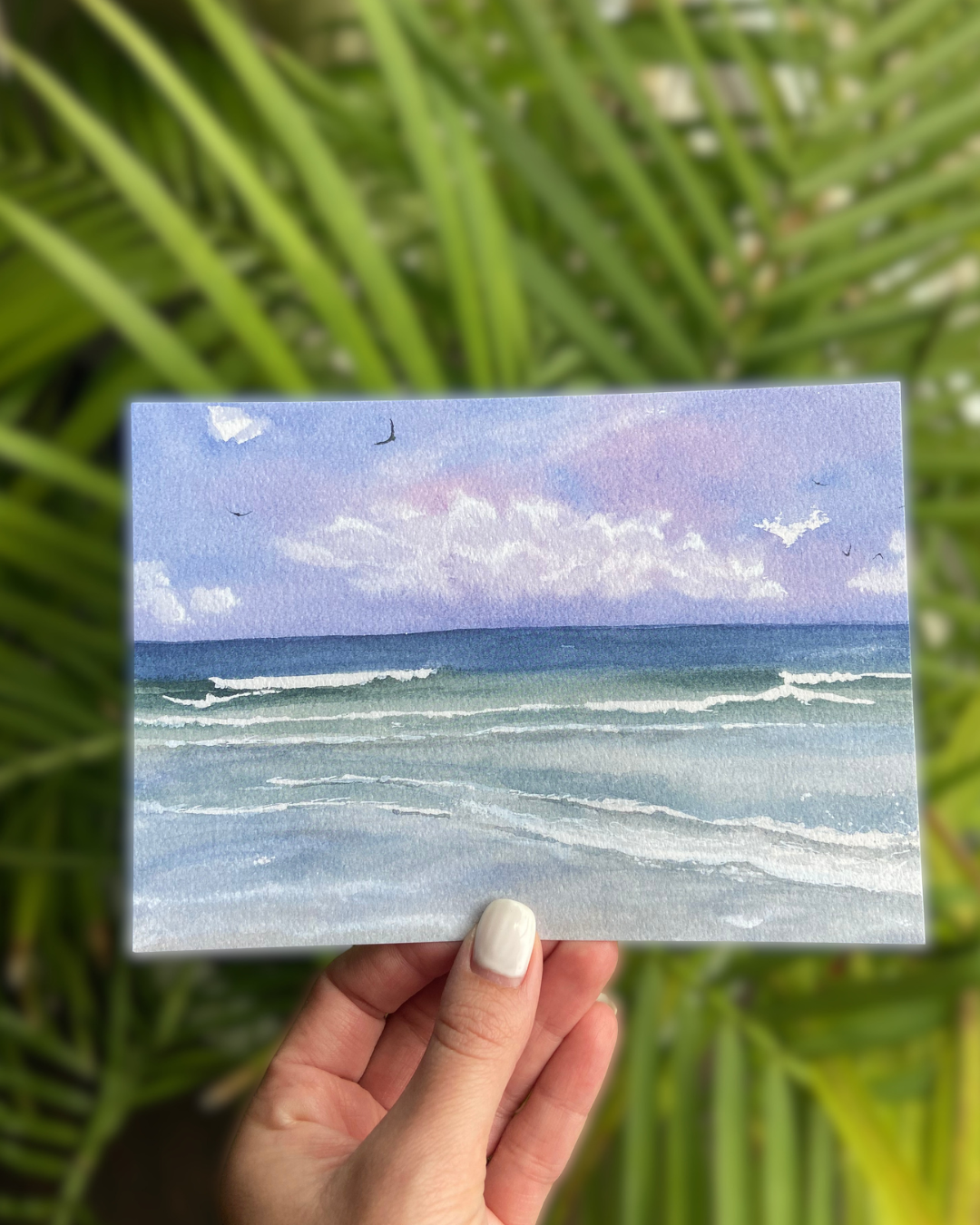 Purple Skies - Beach Watercolor Print with Ocean Waves