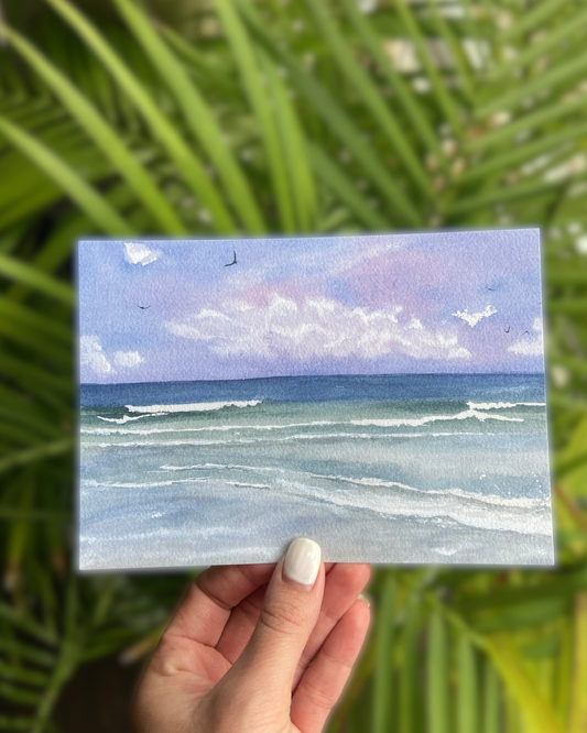 Purple Skies - Beach Watercolor Print with Ocean Waves