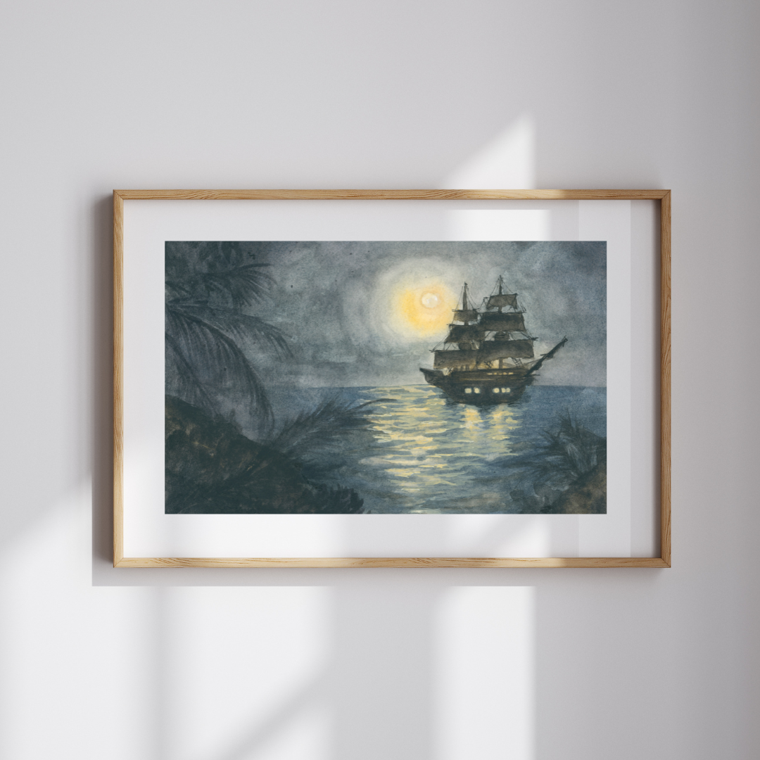 Where Pirates Dream - Pirate Ship Watercolor Print - Nautical Nursery Wall Art